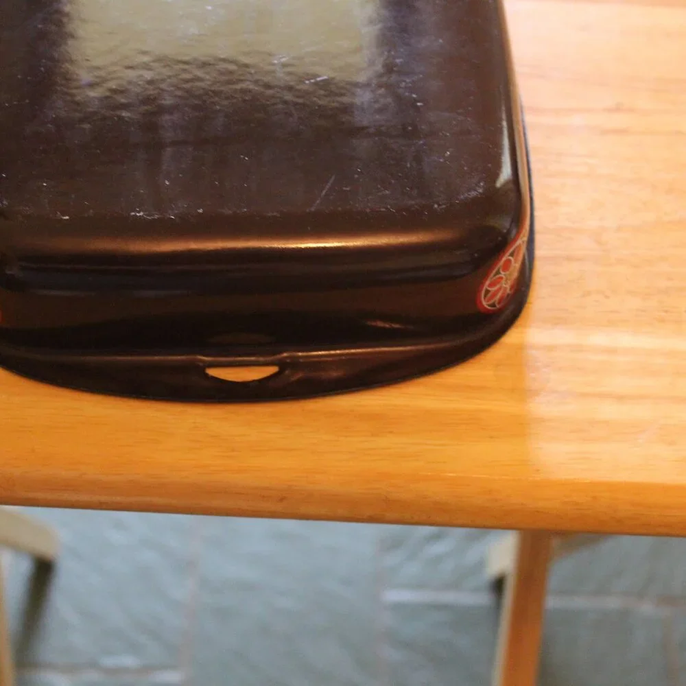 Vintage Brown Enamelware Baking Pan with White and Red Flower Pattern